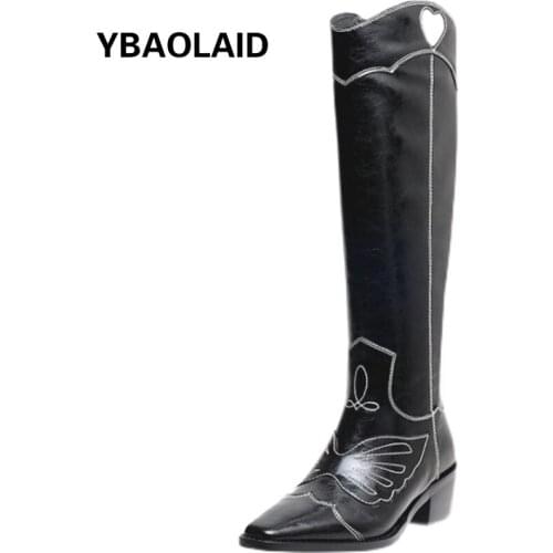 Autumn and Winter New Color Matching Square Toe Side Zipper Thick Heel Boots Leather Catwalk High Tube Embroidered Cowboy Boots