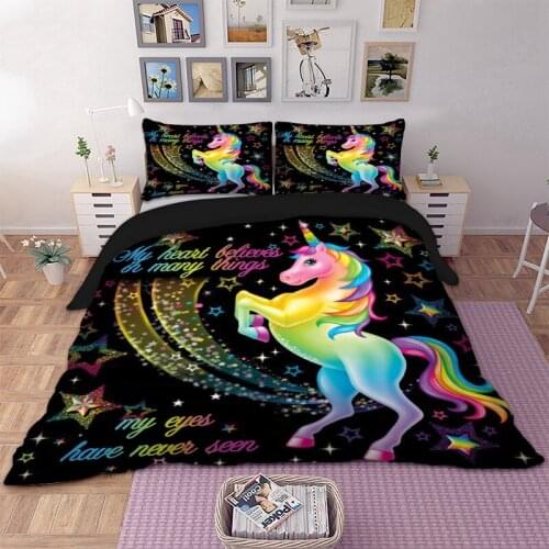 Cartoon Duvet Cover Rainbow Unicorn Fairytale with Sparkling Stars 3D Digital Printing Bedding Sets Black Background