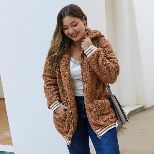 Plus Size 2021 New Fall Winter Womens Causal Solid Color Zipper Hooded Furry Long Sleeve Fashion All Match Jacket Female