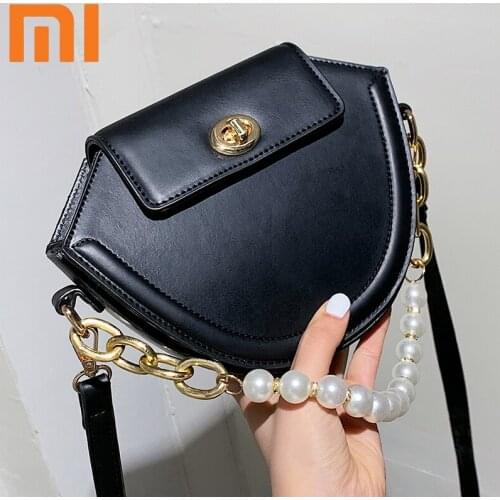 Women Luxury Mini Shoulder Bags Pearl Chain Handbag Female Crossbody Bag Half Round PU Leather Messenger Bag Totes And Purse