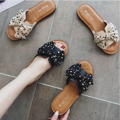 Slippers Female Summer Fashion Outer Wear 2021 New Korean Bow Flat Soft-Soled Sandals sha tan tuo Female Slip Resistant