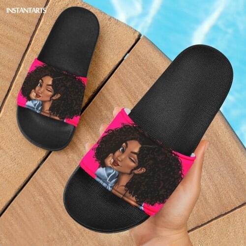 INSTANTARTS African Black Girls Art Pattern Slippers Women Home Footwear Fashion Flip Flops Travel Casual Beach Sandals Mujer