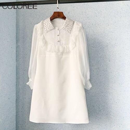 Vintage Crystal Beaing Collar White Long Puff Sleeve Dresses for Women 2021 Spring Autumn Elegant Ruffles Mini Vestidos