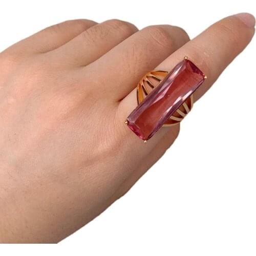Y·YING Gold Color Ring Fashion Brown Rectangle Crystal Ring New Fashion Engagement Wedding