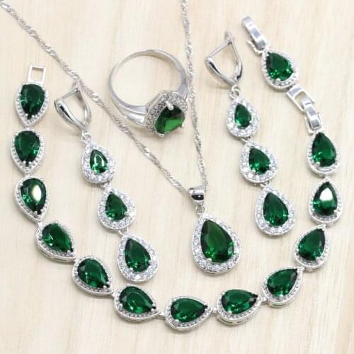 Silver Color Jewelry Sets Green Cubic Zircon Long Earrings/Pendant/Necklace/Ring Heart Bracelet for women Free Gift Box