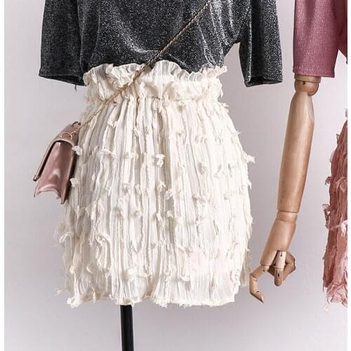 ALPHALMODA 2018 Summer Women Tassel Chiffon New Skirt All-match Elastic Waist Fringed Fashion Fold Sweet Mini-skirt