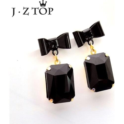 JZTOP Lady Classic Black Bow Tie Crystal Stud Earrings Luxury Big Rhinestone Earring For Woman Wedding Jewelry Boucle D'oreille