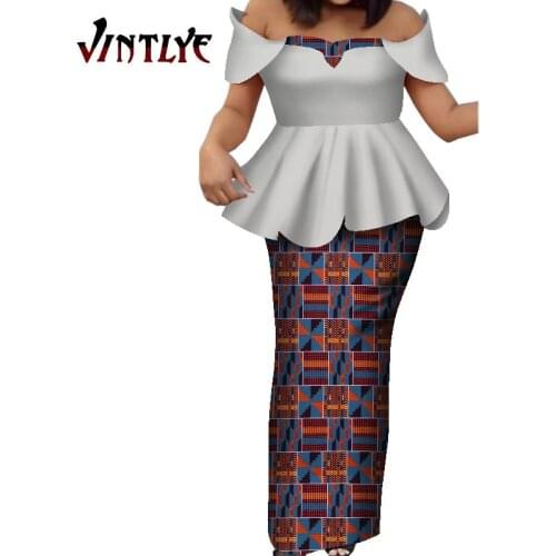 Dashiki African Bazin Riche Draped Tops and Skirt Sets for Women Office Vestidos African 2 Piece Skirts Sets Clothing WY7983