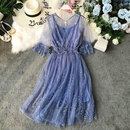 Women Summer V-neck Flare Sleeve Bling Sequin Ruffles Tulle Dress Lady Elastic Slim Pleated Pullover Mesh Gauze Party Midi Dress