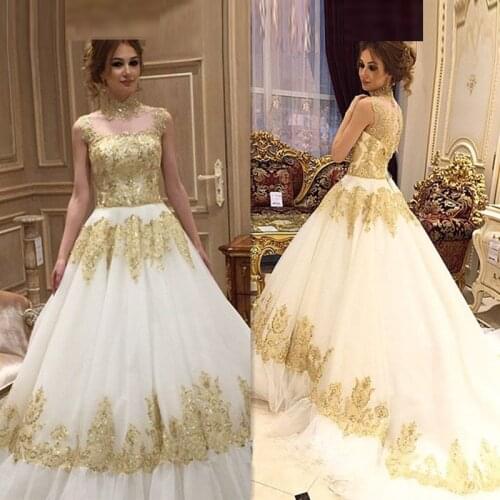Robe De Marie Plus Size Maternity Wedding Dresses Arabic 2021 Luxury Gold Lace Appliqued Tulle High-Neck Ball Gowns Bridal