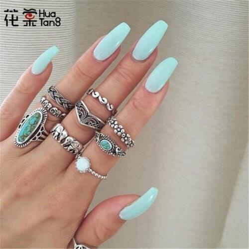 HuaTang Vintage Silver Color Elephant Flower Knot Carving Knuckle Rings Set for Women Retro Green Rhinestone Midi Rings 3589