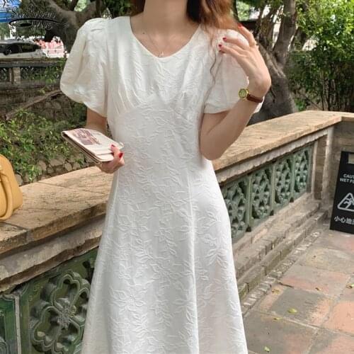 Vintage V Neck Puff Sleeve Party Dress 2021 Summer Floral White Dress for Women Fashion A Line Maxi Dresses Vestidos 15261