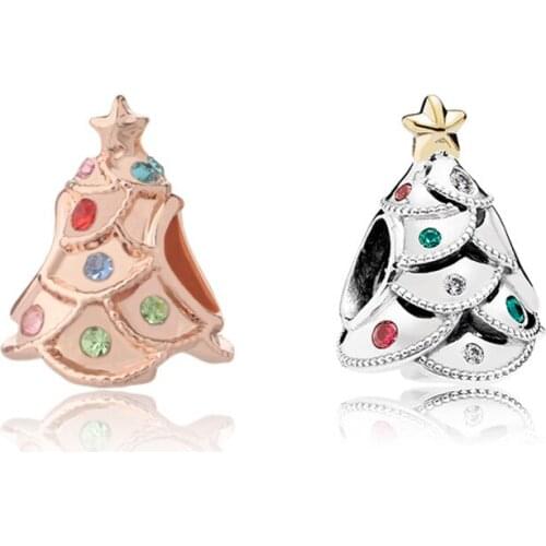 5PCS Zinc Alloy Silver Plated Christmas Tree Crystal Charms Big Hole Beads For Gift Jewelry Making DIY Bracelet Handmade Craft