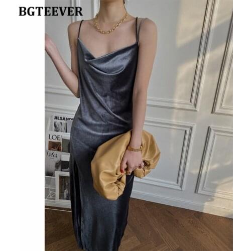 BGTEEVER Retro Women Velvet Dress Slash-neck Sleeveless Side Split Female Long Dress 2021 Summer Spaghetti Strap Vest Dress
