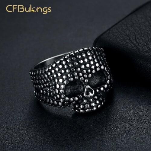 CFBulongs Men Retro Skull Ring Stainless Steel Gothic Bumps Skull Jewelry Halloween Gifts