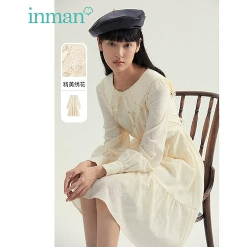 INMAN Autumn Spring Womens Dress Elegnat Retro Hollow Embroidered Lapel Pastoral Fresh Slim Long Sleeve A-Line One-Piece