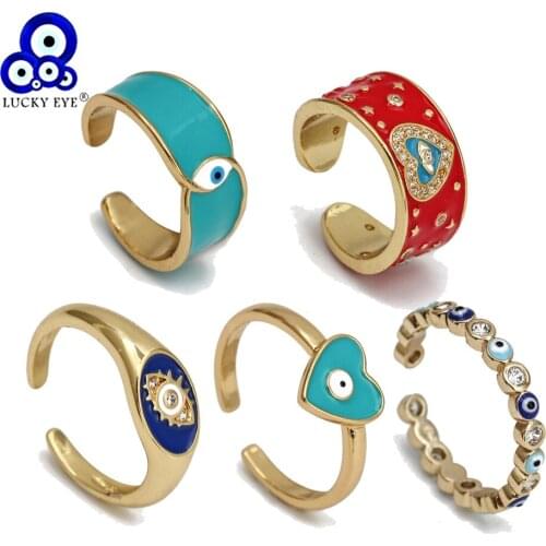 Lucky Eye Heart Blue Turkish Evil Eye Open Ring Adjustable Gold Color Copper Finger Ring for Women Men Fashion Jewelry BE319