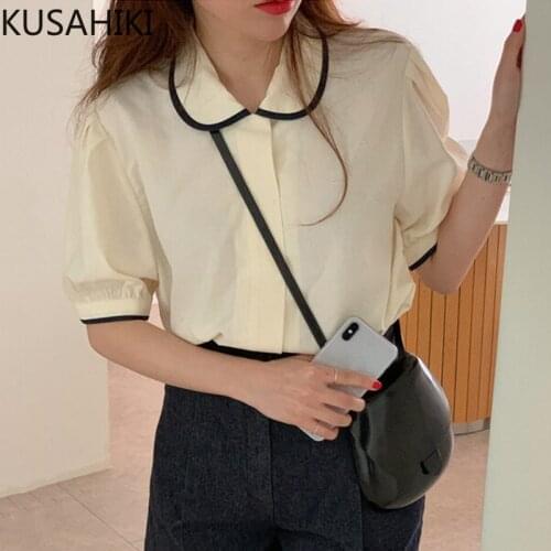 KUSAHIKI Women Blouses Chic Summer Hit Color Peter Pan Collar Puff Sleeve Shirts 2021 New Causal Korean Camisas Mujer 6J106