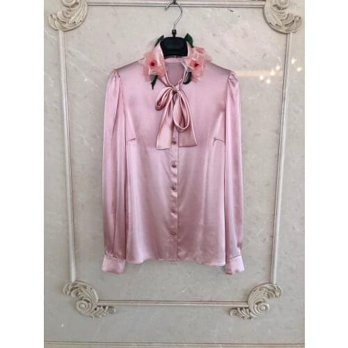 Fashion 2021 New Ladies Long Sleeve Sexy Casual Bow Collar Rhinestone Button Hand Applique Shirt 1013