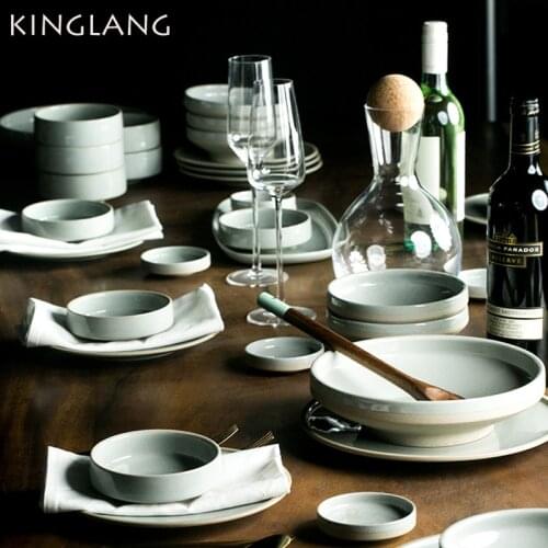 Exclusive KINGLANG 2/4 Person Dinner Set Glaze Ceramic Plate Hotel Restaurant Tableware Western Steak Plate and Bowl Sets