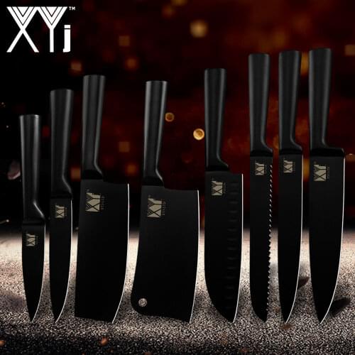 XYj High Quality Chef Knives Set Black Stainless Steel Kitchen Knife Non Stick Sharp Gyutou Cleaver Salmon Slicer Cooking Helper
