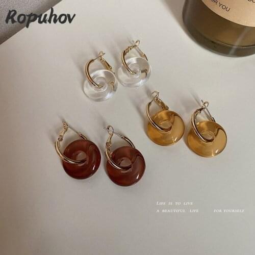Ropuhov 2021 New 925 Silver Needle Resin Earrings Geometric Circle Buttons Simple Earrings Caramel French Women
