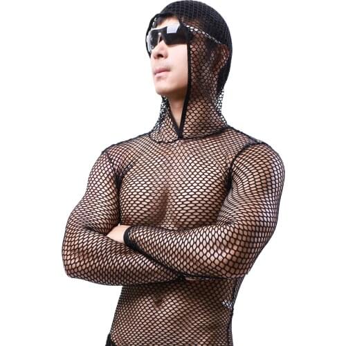 2021 New Arrival Mens Hoodi Sexy Mesh See-Through Shirts Long Sleeve Nightclub Sheer Tops Shirt Costume Fish Net Hoodie