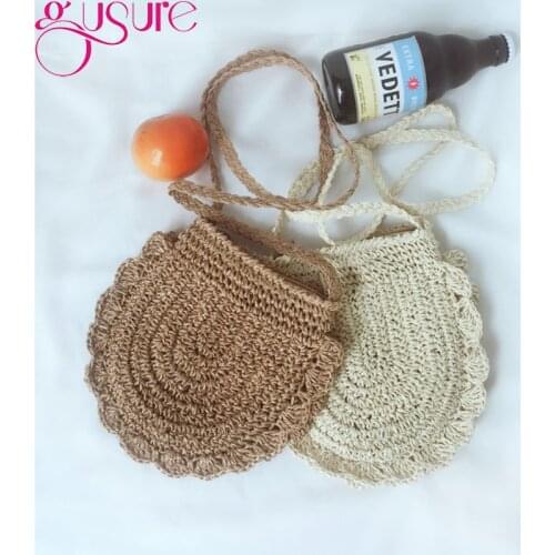 Gusure Simple Women Handmade Woven Straw Bucket Bags Sling Crossbody Shoulder Bag Ladies Summer Travel Beach Messenger Bags