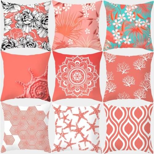 Pink Living Coral Orange Pillow Polyester Cushion Cover Starfish Stripe Print Still Pillow Sofa Pillow Home Decoration 10302