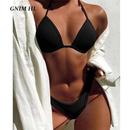 GNIM Sexy Triangle Bikini Mujer 2021 Summer Black Swimwear Women Push Up 2 Pieces Low Waist High Cut Brazilian Swimsuit Biquini
