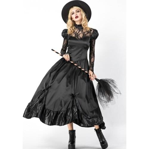 Sexy Witch Costume Adult Women Magic Moment Costume Witch Black Lace Dress Gown Robe Copsay Clothing For Halloween M40593