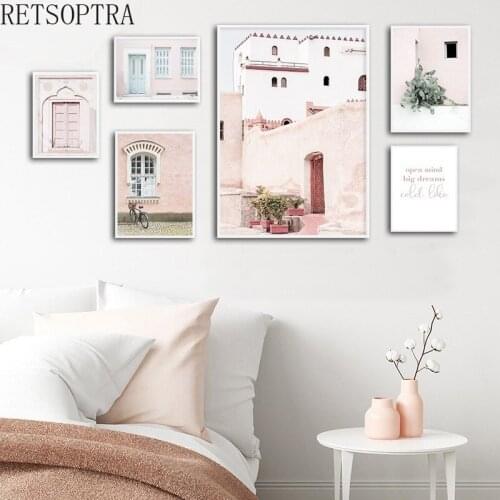 Modern Minimalist Arch Architectural Cityscape Canvas Painting Decoration Wall Print Poster Sweet Pink Landscape for Living Room