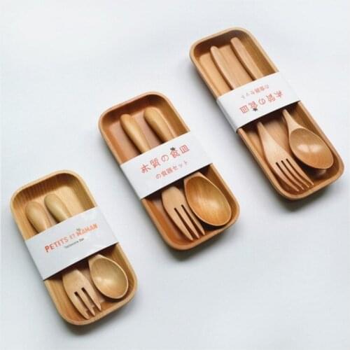 Japan Style Tableware Three Sets of Children Wooden Fork Plate Dish Tableware Dinnerware Three-piece 10sets/pack