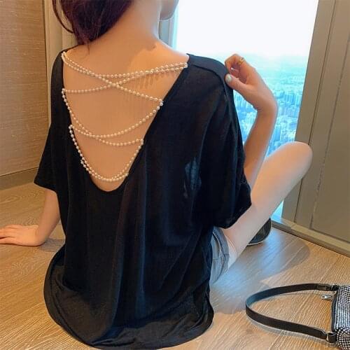 Loose Beaded Backless Black Women T-Shirts Summer New 2021 O-Neck Short-Sleeved Solid Female Pulls Tops Tees