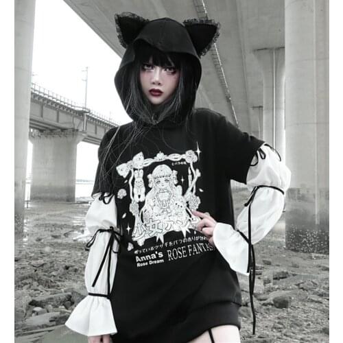 Original Design Punk Printing Anime Japanese Cat Ear Hooded Sweatshirt Long Puff Sleeve Chiffon Lace up Gothic Black Hoodies