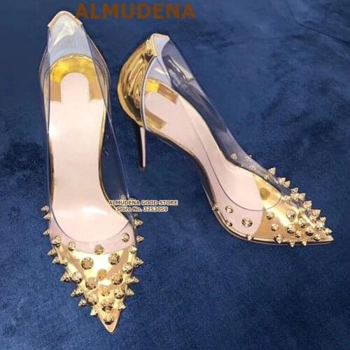 ALMUDENA Golden Heels Clear PVC Rivets Pumps Pointed Toe Studded Patchwork Wedding Shoes Gold Silver 12cm 10cm Dress Pumps Shoes