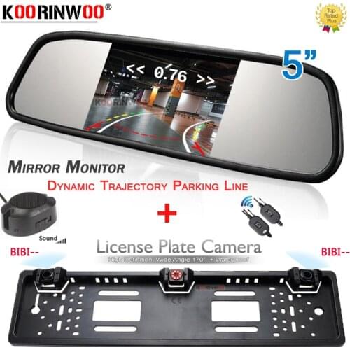 Koorinwoo Wireless Car License Plate Frame Reversing camera parking sensor With HD Digital 5" Monitor Mirror Screen Video system