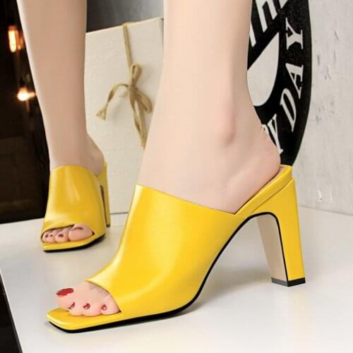 Yellow Shoes Women Block Heels Slipper Shoes High Heel Slippers Woman Shoes Block Toe Fashion Shoes Zapatos Mujer 2019 Gold Heel
