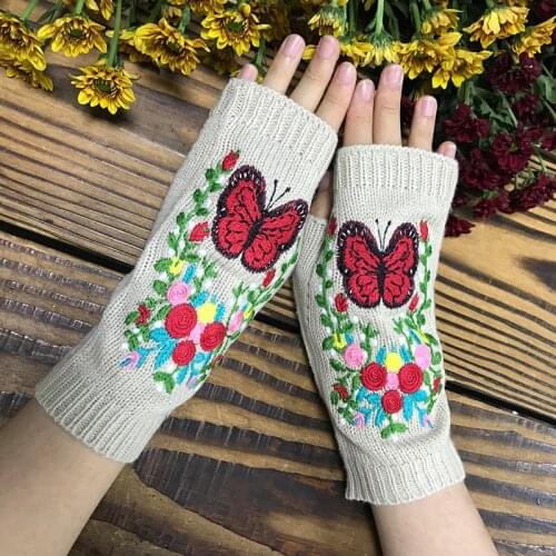 Womens Autumn Knitted Handmade Embroidery Gloves Embroidered Butterfly Flowers Mid Long Half Finger Warm Wool Winter Gloves