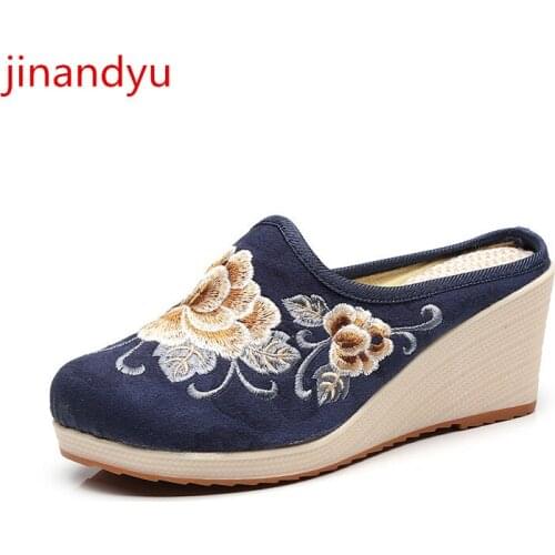 Woman Slippers Wedges High Heels Ethnic Style Embroidery Slipper Fashion Comfort Black Heels Casuales Outdoor Slippers Female