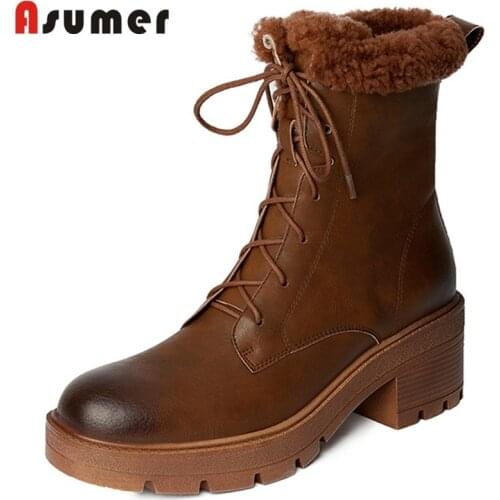 Asumer British Style Vintage Genuine Leather Shoes Women Winter Boots Round Toe Square Heel Platform Shoes Women Ankle Boots