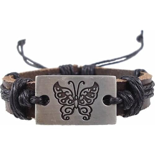 New Retail Fashion Butterfly Symbol Charm Wrap Genuine Leather Women Men Vintage Bracelet Handmade Belt Hemp Rope Female jewelry