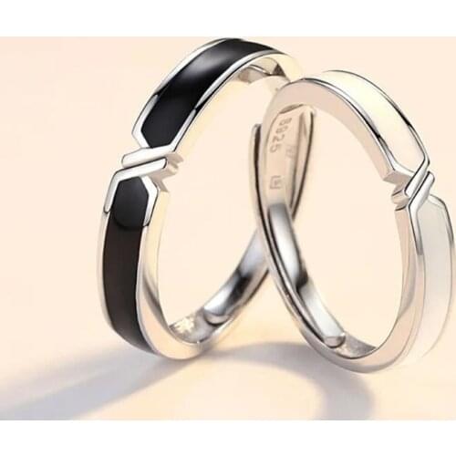 2Pcs Black and White Lovers Knot Ring Bands Kit Couples Matching Rings Promise Wedding Bands Adjustable for Him and Her