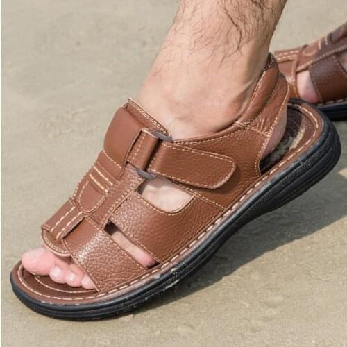 2021 Summer Men Slippers Genuine Leather Sandals Outdoor Casual Sandalias Hombre For Beach Shoes Hollow Chaussure Zapatillas