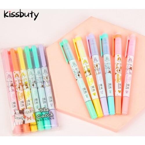 6 Colors/Set With Aroma Cute Cat Dog Double Head Highlighter Pen Drawing Mildliner Color Art Markers School&Office Stationery