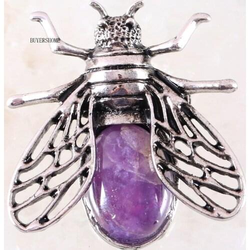 Cicada Brooch Natural Stone Purple Crystal CAB Cabochon Bead Pendant For Men Women Jewelry Gift 1Pcs K632