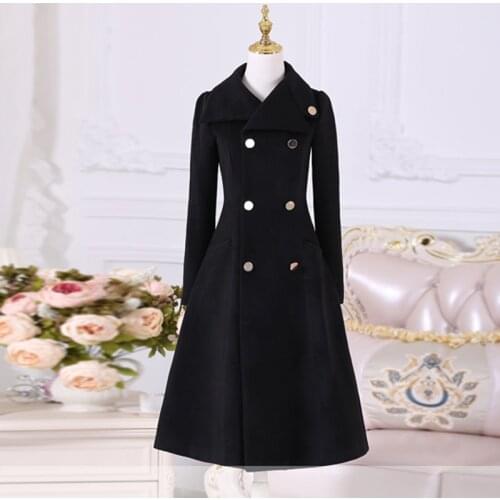 Double breasted Woolen coat female Military style winter thickening womens wool was thin long cashmere warm woolen coats F817