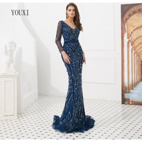 Elegant Blue Long Sleeve Evening Dresses 2019 New Arrival V-Neck Beaded Crystal Formal Prom Gowns Long Robe De Soiree