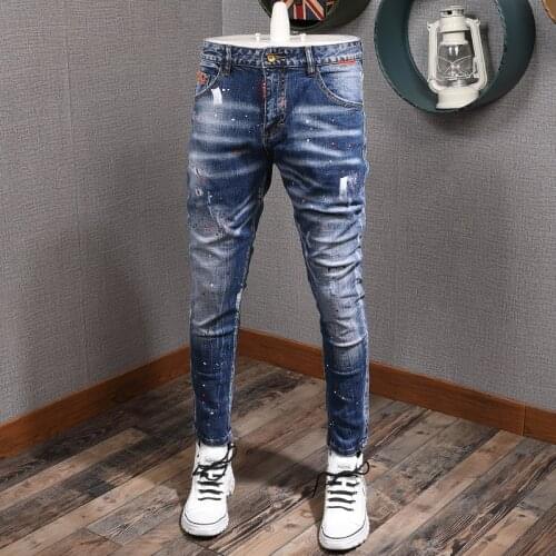 European American Street Fashion Men Jeans Retro Blue Elastic Slim Ripped Jeans Men Painted Designer Hip Hop Punk Pencil Pants