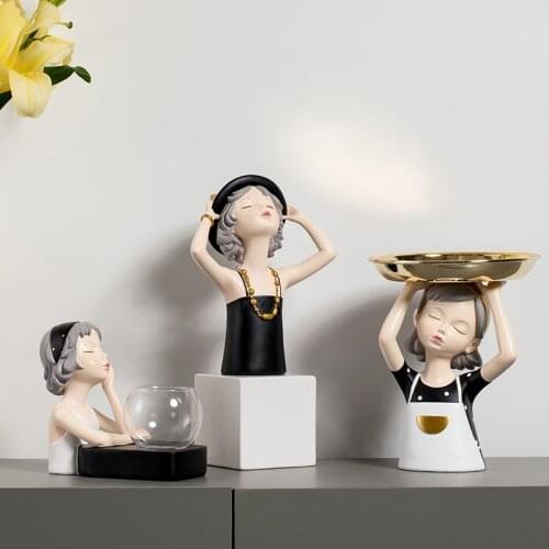 European Cartoon Resin Character Sculpture Figurines Cute Girl Tray Living Room Bedroom Furnishings Home Decoration Wedding Gift